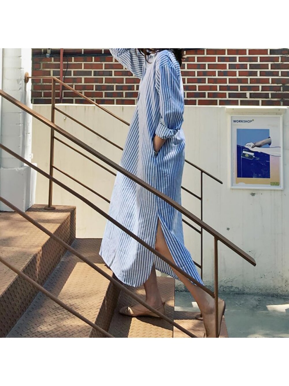 Casual Long Sleeve V-Neck Striped Maxi Dress with Pockets - Loose Cotton Shift - Picture 6 of 7